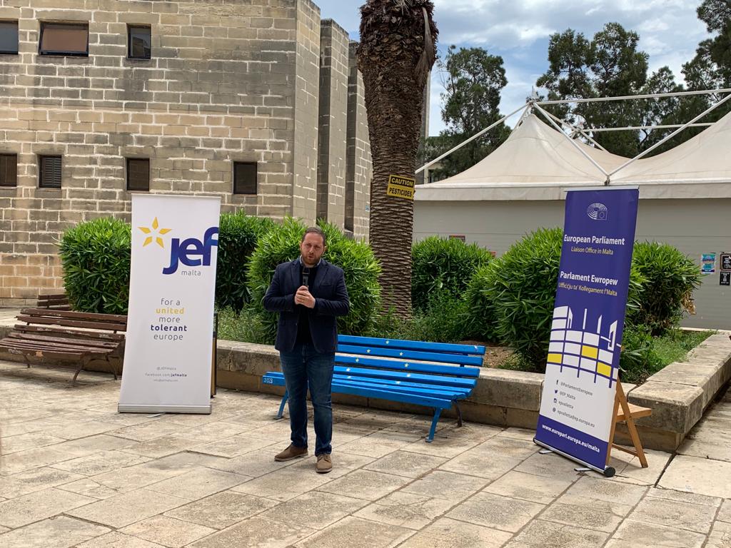 MEP Alex Agius Saliba launching the first European Bench in Malta