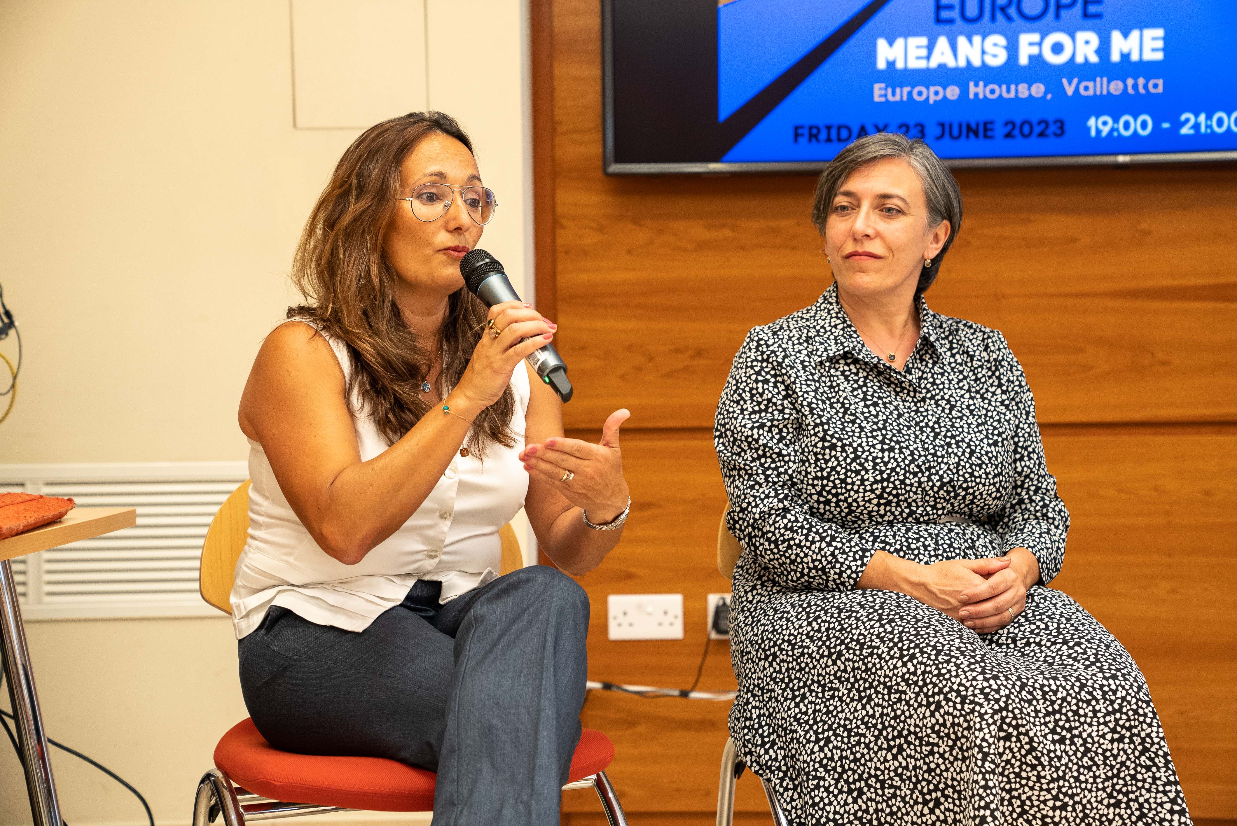 Norma Camilleri speaks during the second panel discussion at the "What Europe Means For Me" event