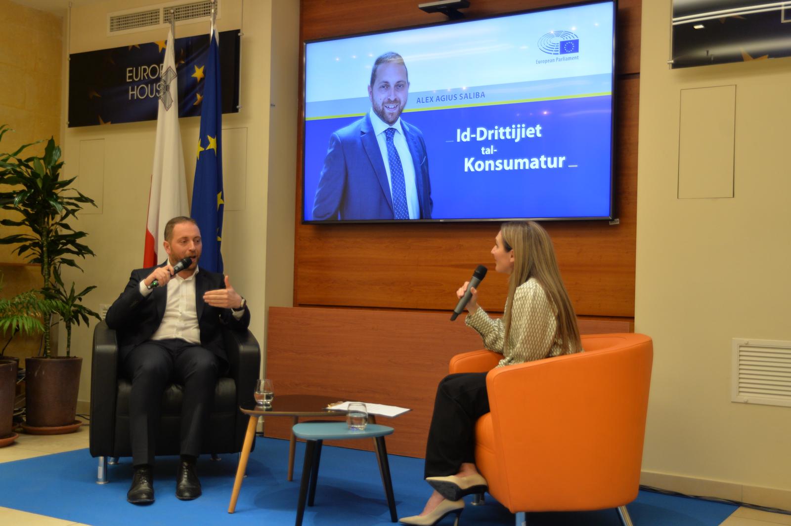 MEP Alex Agius Saliba discussing his work in the EP from 2019 to 2024 at an event at Europe House in Valletta