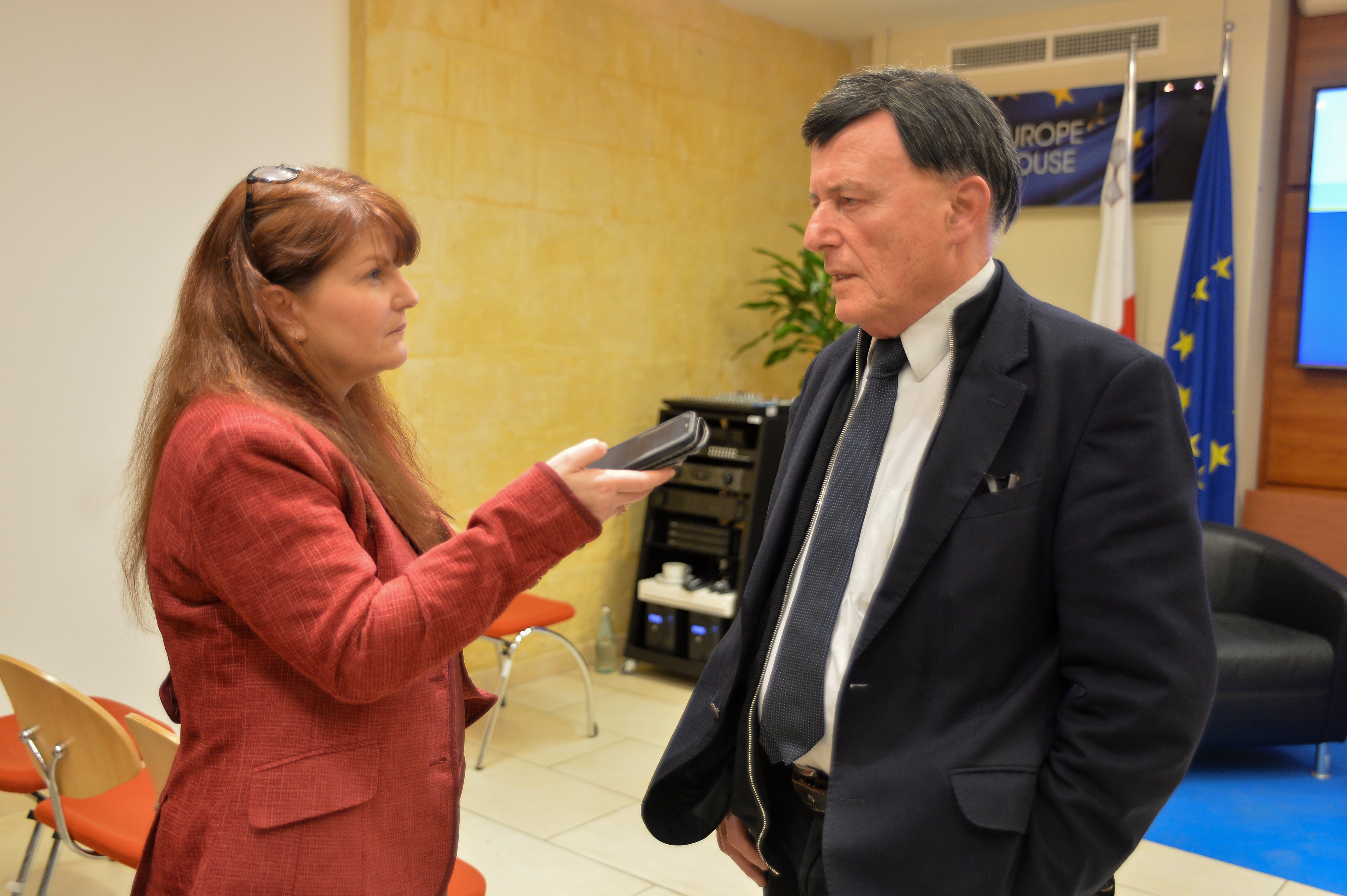 Press Officer Anna Zammit Vella interviewing MEP Alfred Sant at Europe House