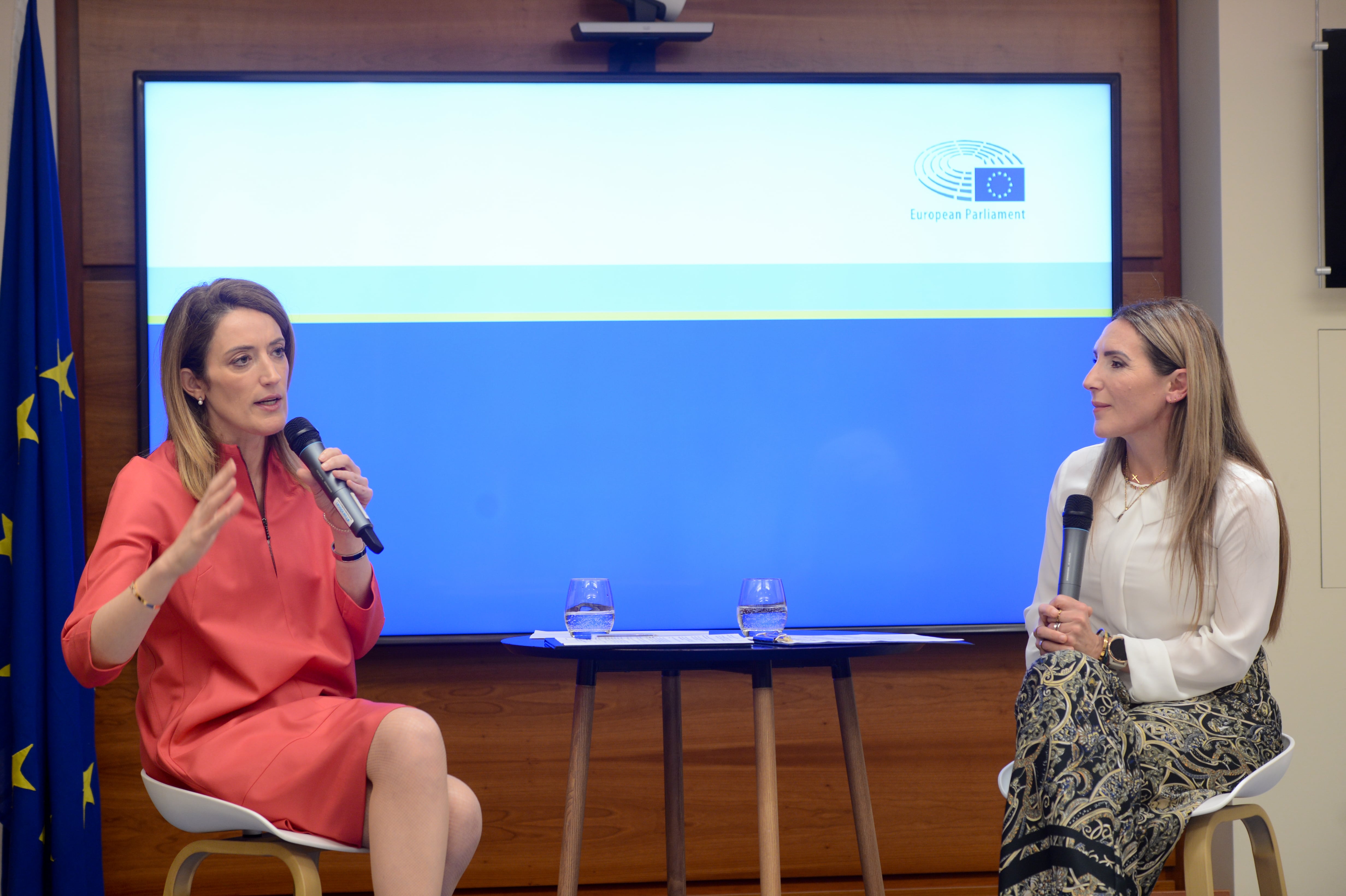 President Metsola with Claire Agius Ordway at Europe House for International Women's Day