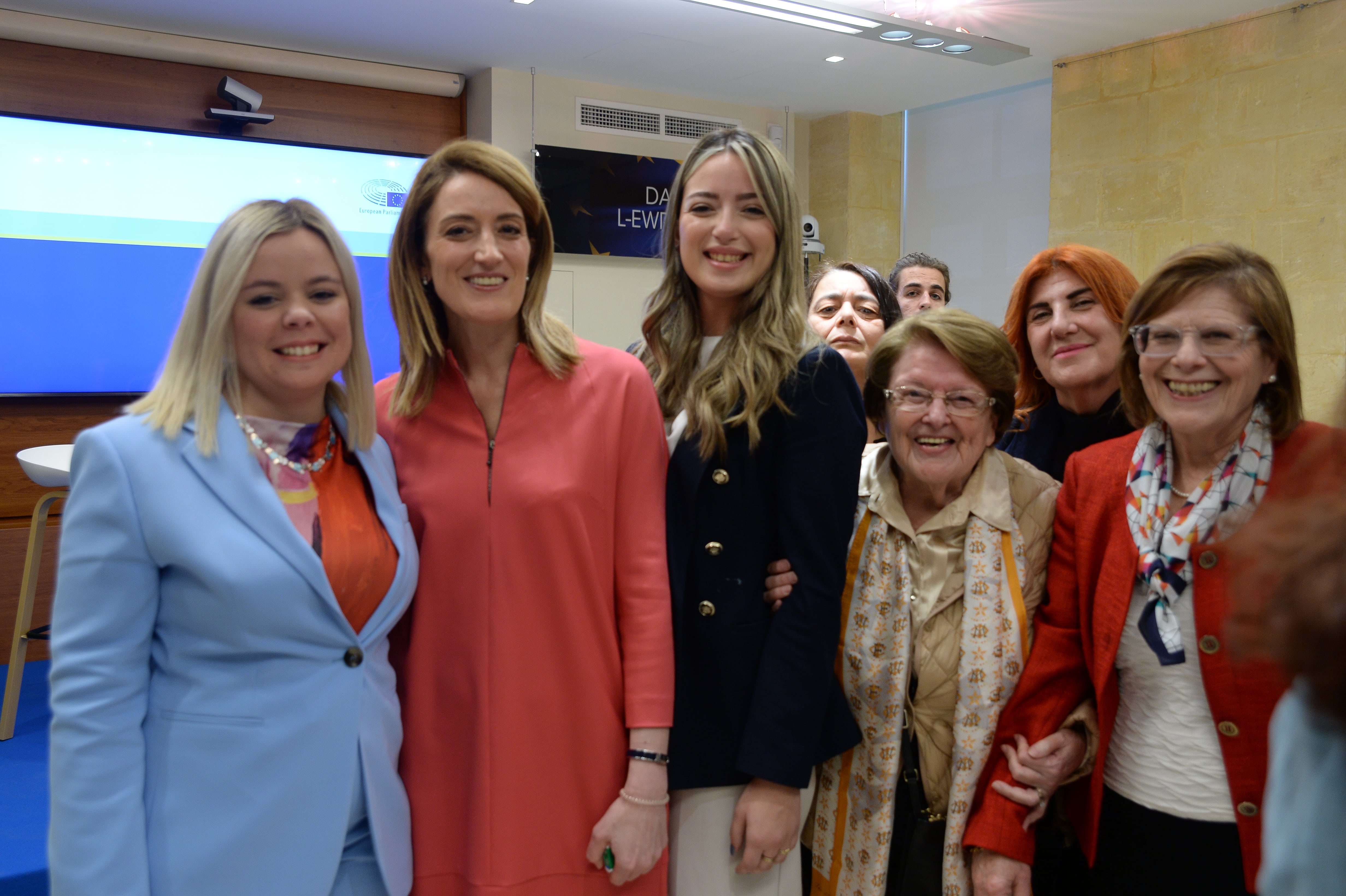 President Metsola with women in the audience at the International Women's Day event